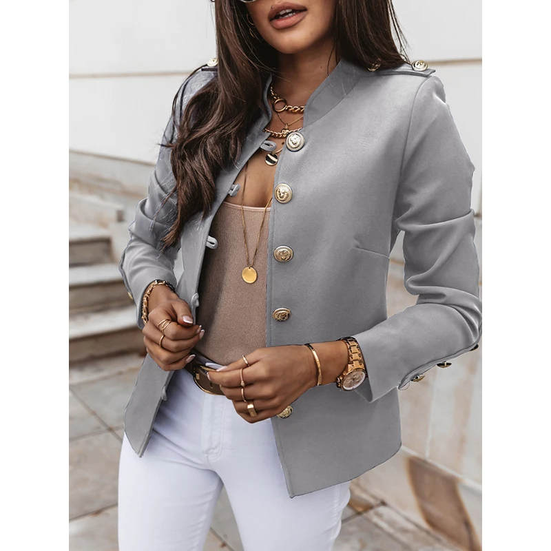 Vintage Blazer Women Office Jacket Streetwear Autumn Button Solid Color Elegant Long Sleeved Slim Breasted Small Blazer Outwear