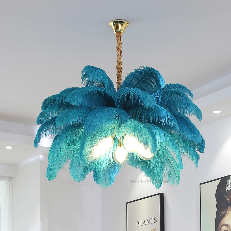 Plafonnier Suspendu en Plumes Bleu Paon et Blanc, Luminaire Décoratif d'Nik, Idéal pour un Salon, une Chambre à Coucher ou une Salle à Manger