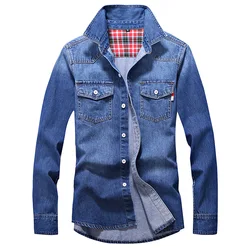 Denim Shirt Men Cotton Jeans Shirt Fashion Autumn Slim Long Sleeve Cowboy Shirt Stylish Wash Slim Tops Asian Size 3XL