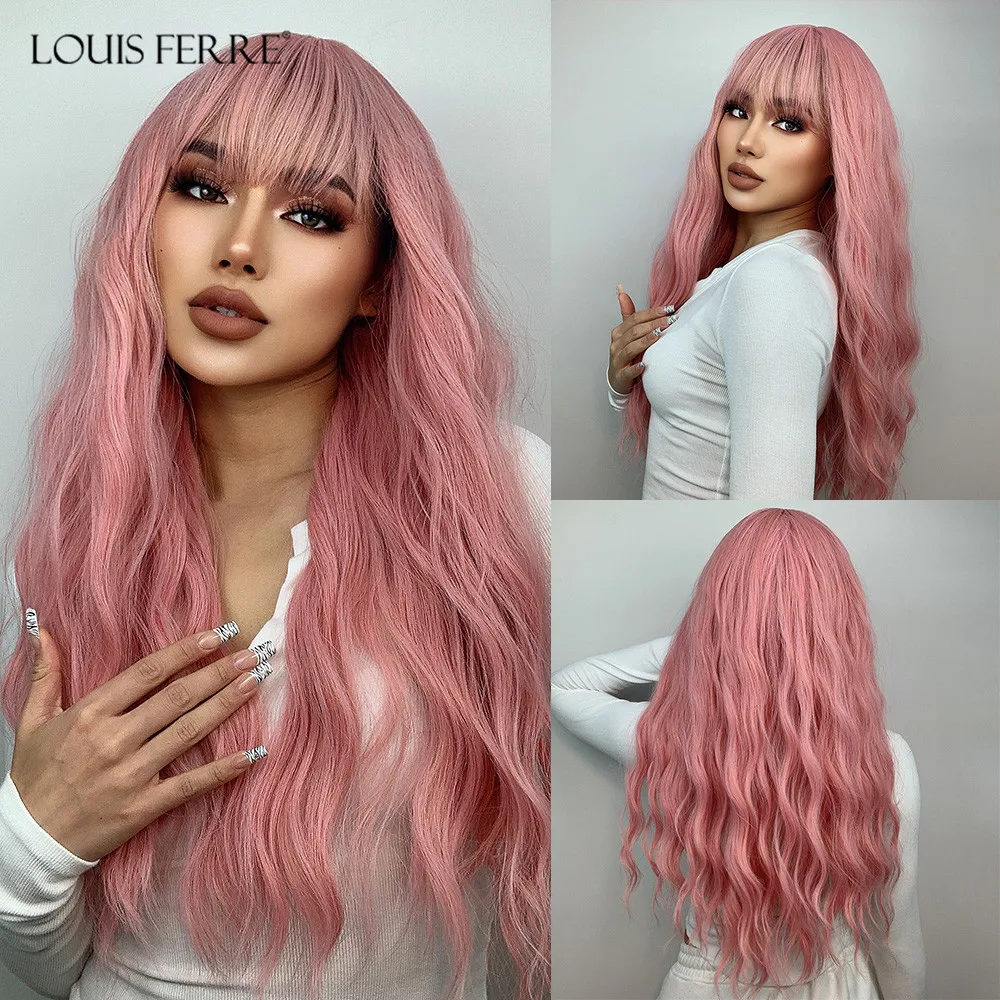 LOUIS FERRE Long Pink Wavy Wigs Cosplay Natural Synthetic Women' s Wig with Bangs Heat Resistant Hair Lolita Cosplay Party Wigs