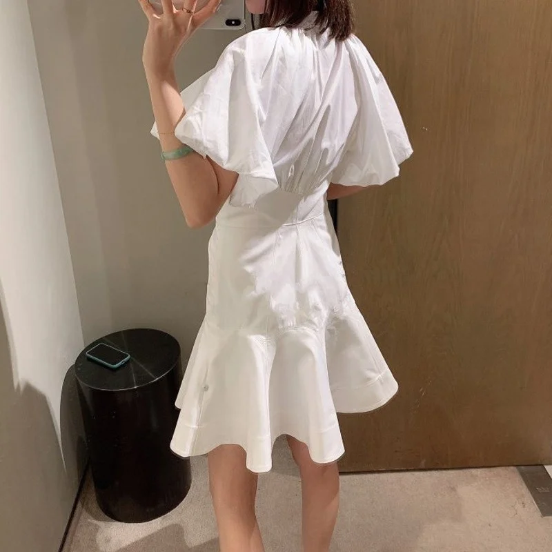 

Summer 2022 New Womens Fashion O-Neck Single Breasted Classic Spliced White Korean Style Elegant Office Lady Casual Dress