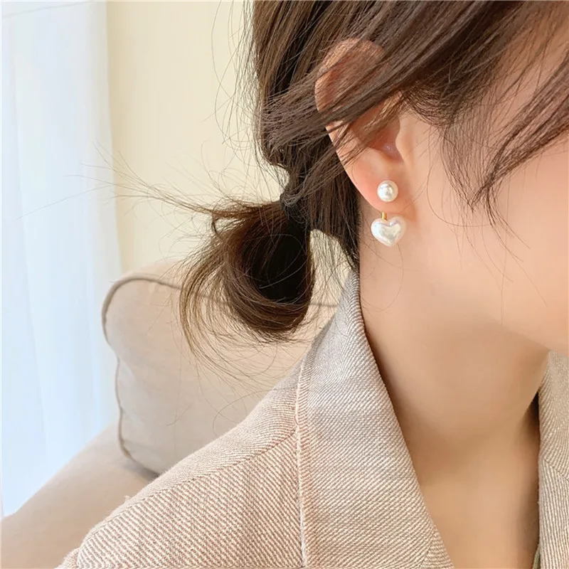 Imagen 3: Pendientes de perlas de corazón de estilo coreano para mujer, pendientes de tuerca geométricos de circón de flor dulce, joyería de fiesta para niña