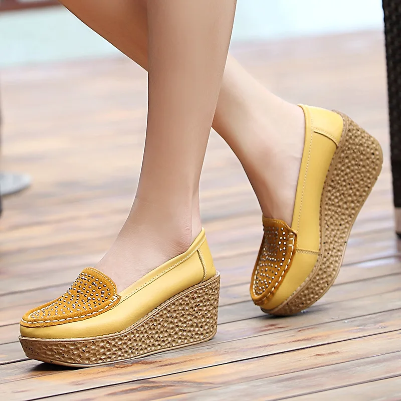 Genuine Leather Wedge Platform Shoes Ladies Slip On Crystal Flat Shoes High Heel 7cm Thick Sole Shallow Flats Casual Shoes