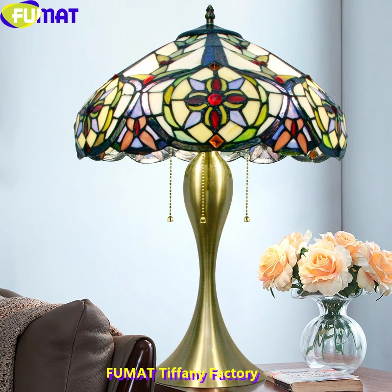 FUMAT Tiffany Style Blue Gemstone Butterfly Desk Lamp Shade Colorful Flower Stained Glass Home Art Decor Dimming Table Light LED