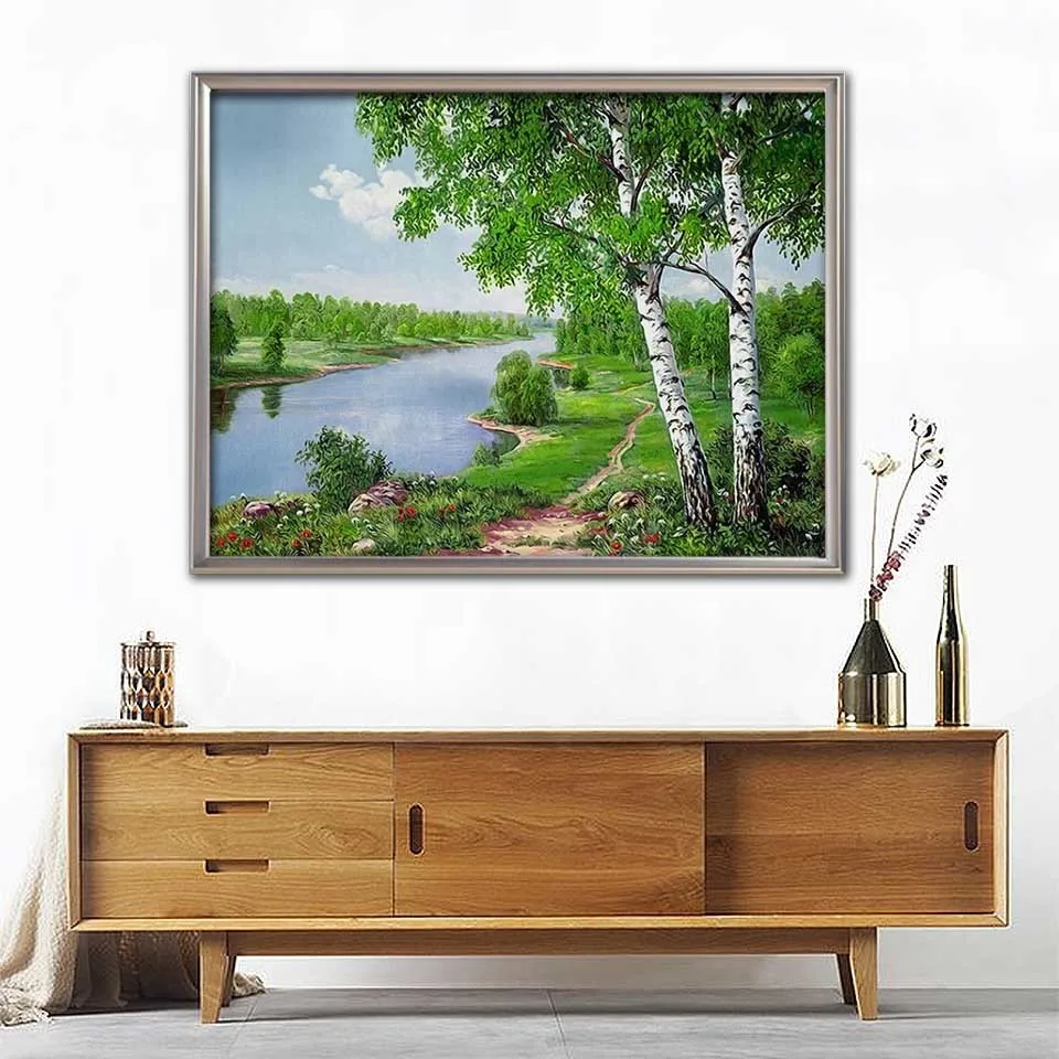 5D Diamond DIY Mosaic Landscape Diamond Painting Birch Trees Full Set Diamond Embroidery River Pictures Of Rhinestone