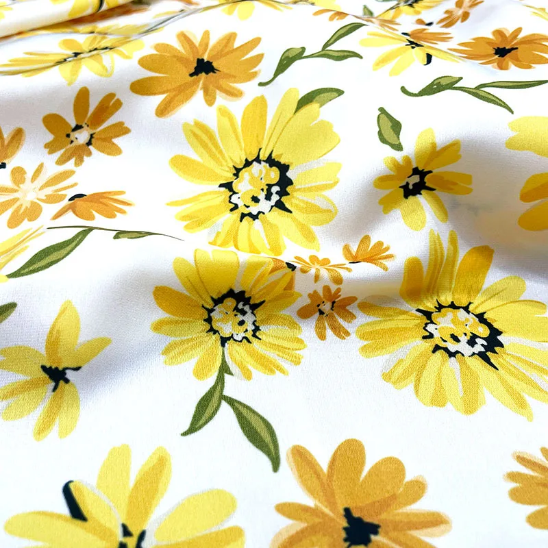 

Yellow Chrysanthemum Printed Polyester Satin Fabric Brand Soft Women's Clothing Shirt Pajamas Fabrics Cloth Per Meter Sewing