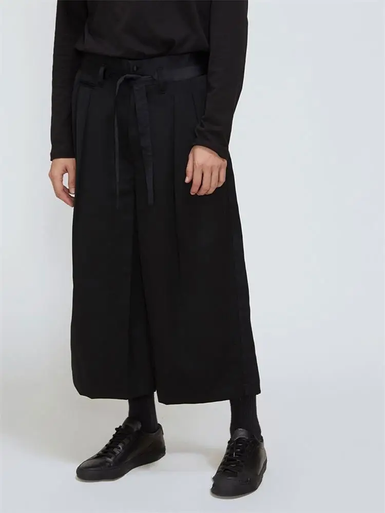 Spring And Autumn New Men's Hair Stylist Fashion Hip-Hop Loose Casual Wide-Leg Pants Culottes With Belt Cut Up Straight Pants