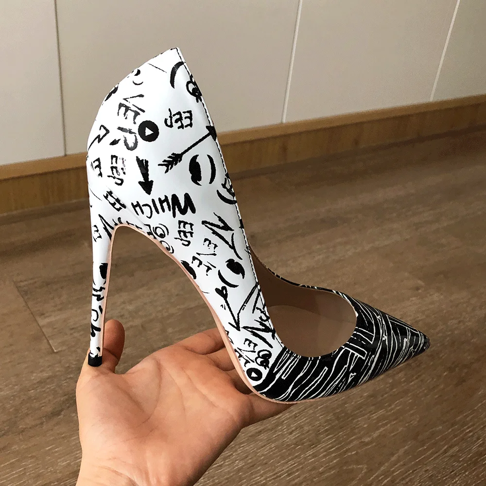 Veowalk Black and White Women Patent Print Pointed Toe Stiletto Pumps Fashion Designer Ladies High Heel Party Shoes Size 33-45