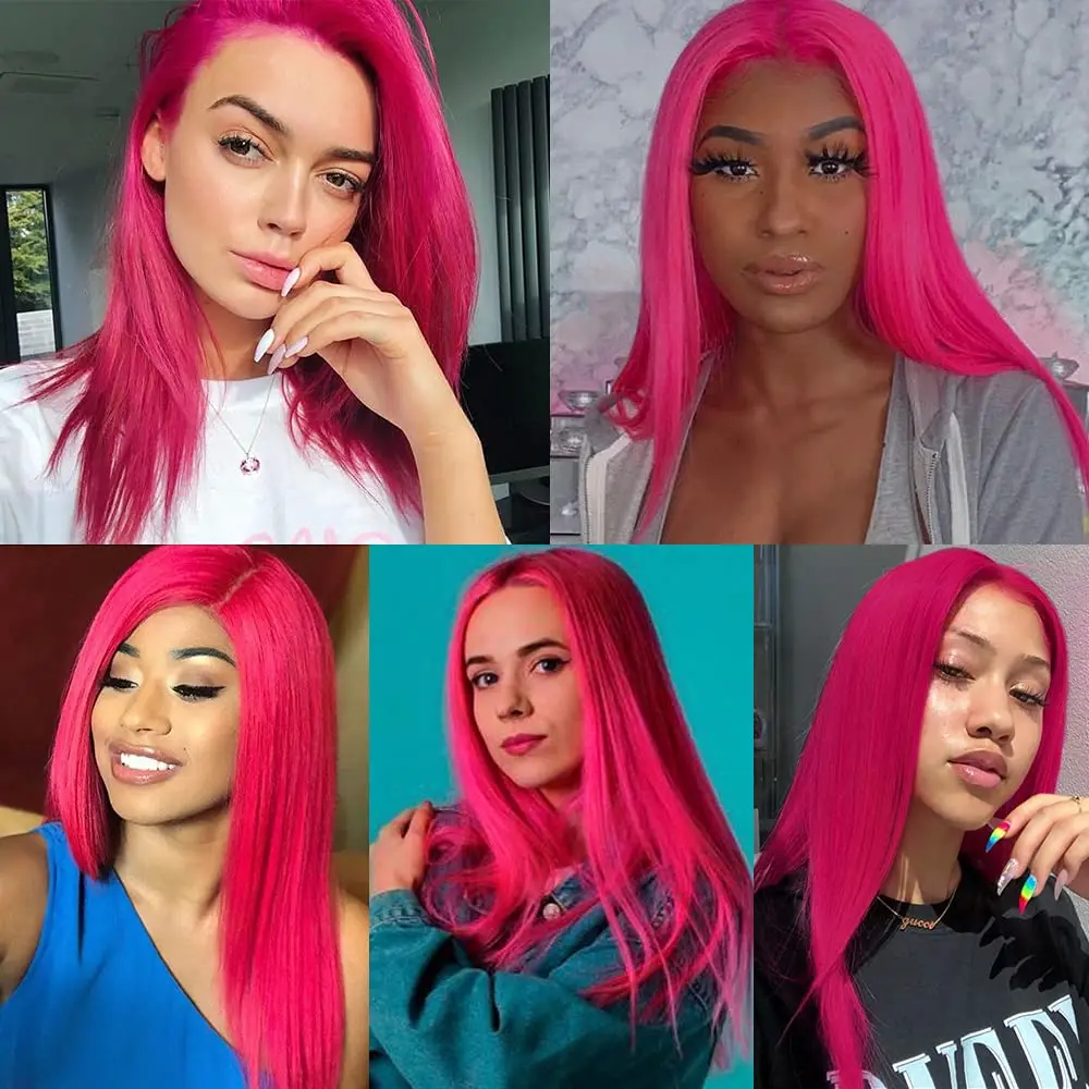 SALLYWELL Long Straight Hair Raspberry Pink Color Natural Hair Line  Lace Wigs for Fashion Women Heat Resistant Synthetic