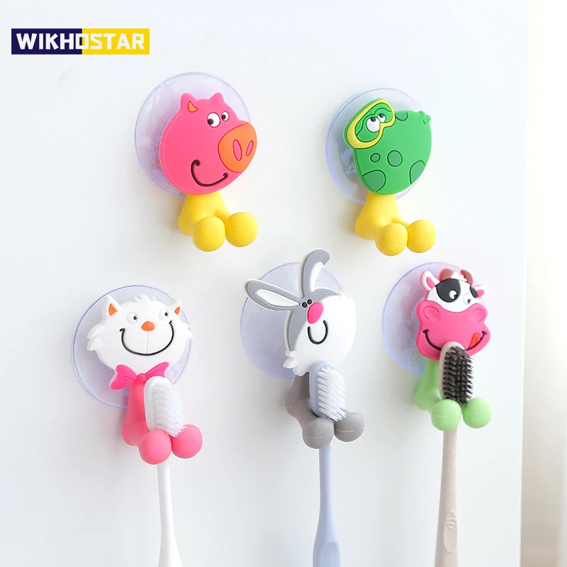 Cartoon Animal Toothbrush Holder Wall Mounted Antibacterial Tooth brush Storage Rack With Suction Cup Bathroom Organizer