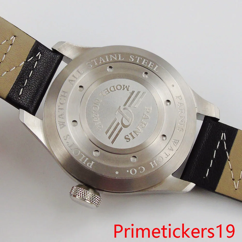 new automatic men watch 48mm date indicator leather strap stainless steel case solid backcover