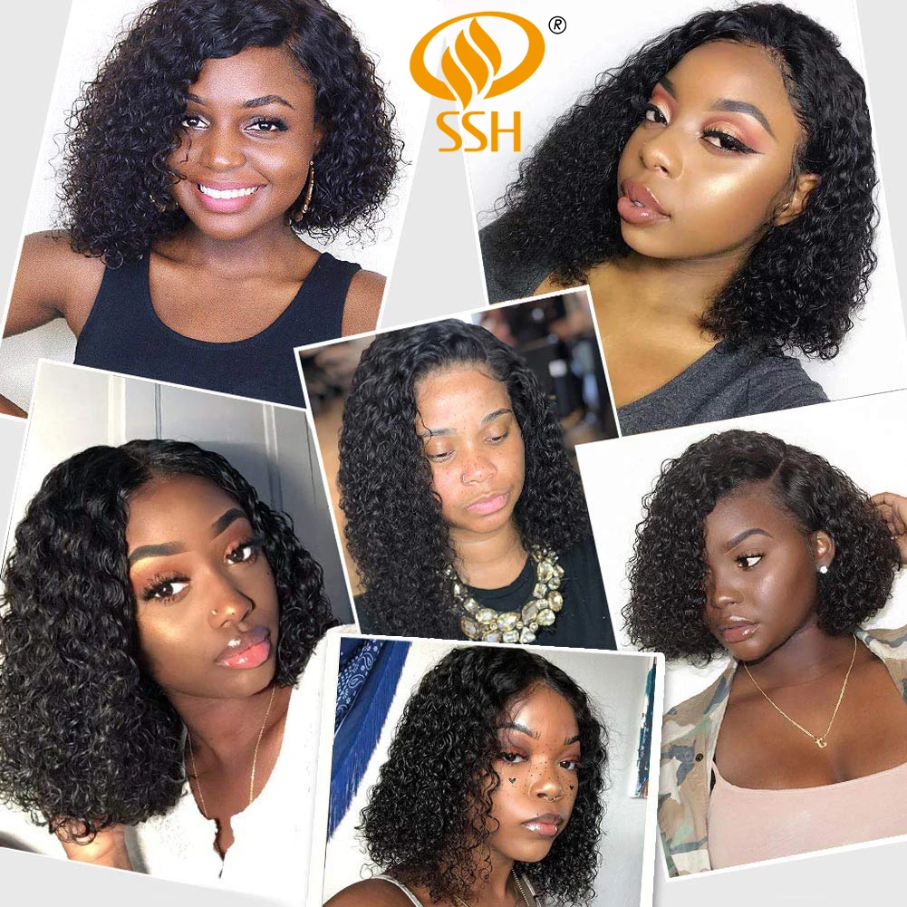 SSH-Peluca de cabello humano rizado para mujeres negras, pelo corto brasileño Remy con encaje de 150% de densidad, corte Bob, parte media