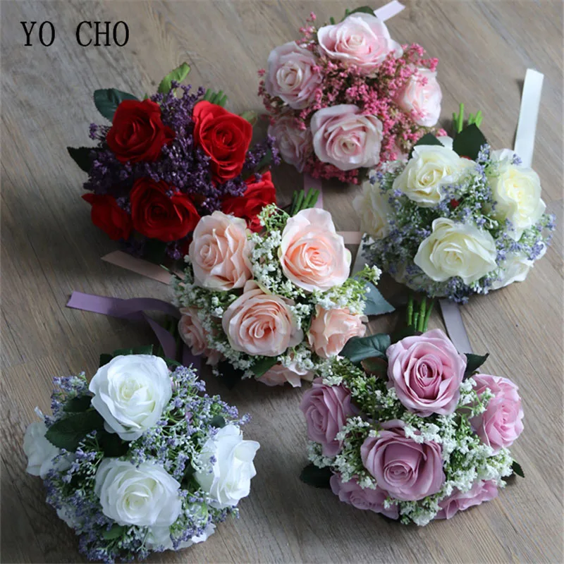 Artificial Roses Babysbreath Flowers Bouquet Silk Gypsophila Fake Flowers Wedding DIY Home Table Vase Decoration Faux Flores