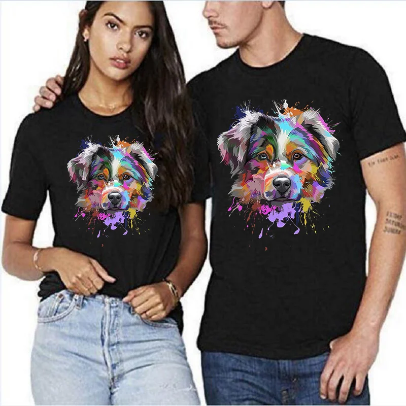 Vivid Splash Art Australian Shepherd T-Shirt Puppy Dog Fans Tee shirt Aussie Lover Gifts T shirt for Couples His & Her Clothing