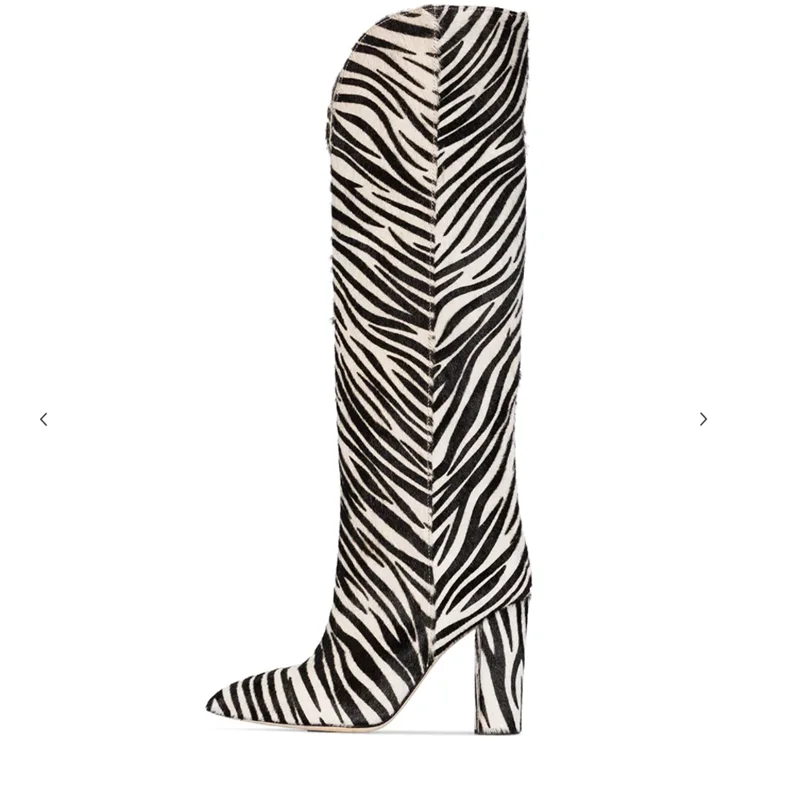 

Zebra Pattern Knee High Boots Women Imitation Horse Hair Suede Boots 11 Cm Round Heel Boots Spring Autumn New Arrival High Boots