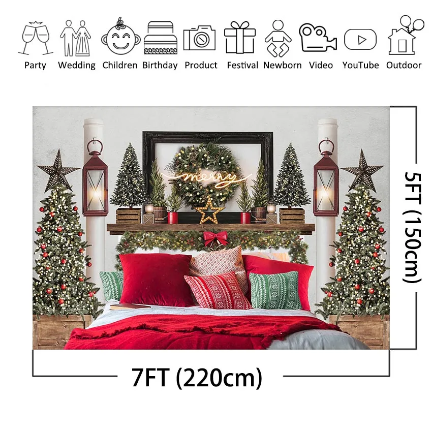 Mocsicka Christmas Bedroom Bedside Photography Backdrop Head of a Bed Xmas Background for Newborn Child Photoshoot Photocall