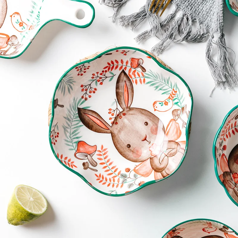 1pc/cute rabbit hand-painted bowl and plate underglaze ceramic household soup bowl commercial hotel noodle bowl fruit salad bowl