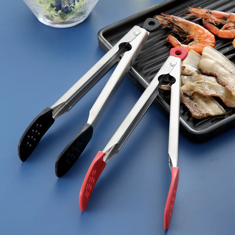 Non-Stick Silicone Steak Tongs Stainless Steel Cake Bread Tong Salad Serving Food Tongs Non-Slip Grilling Cooking Clamp Bbq Tool