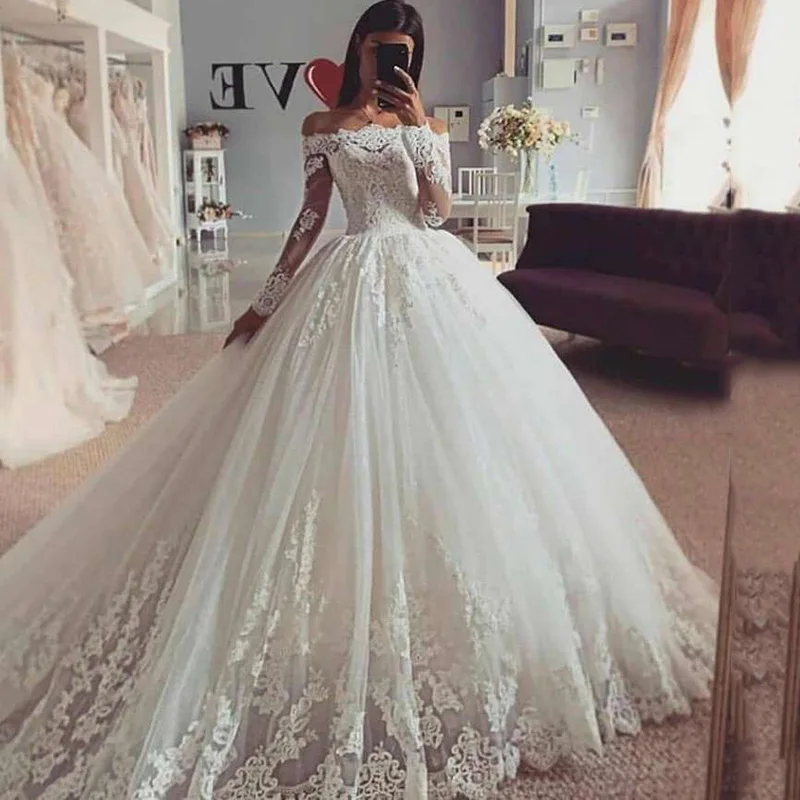 Vestido de novia de manga larga con encaje, traje de princesa con apliques de cuello Barco, Estilo Vintage, 2021