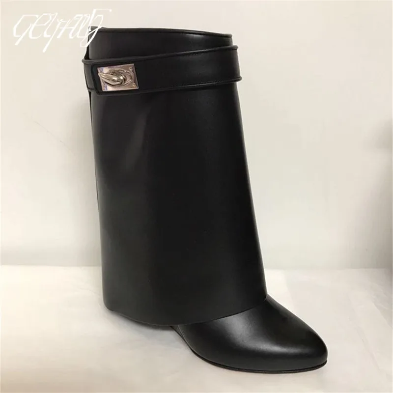 Luxury Shark Boots Slip-on Genuine Leather Women Knee-high Boots Pointed Toe High Heel Wedge Designer Shoes Botas Femininas 2024