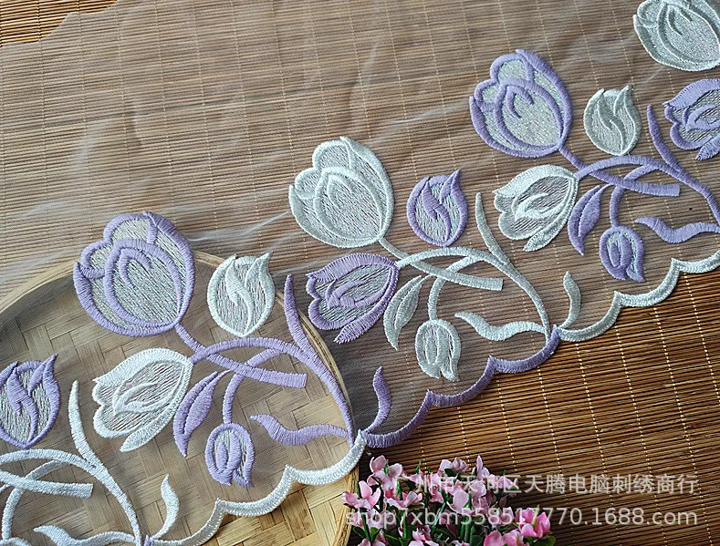 1Yard Pink Purple Tulip Flower LaceTrim Dress Wedding Lace Ribbon Fabric Applique Baby DIY Embroidered Sewing Craft 25cm Width