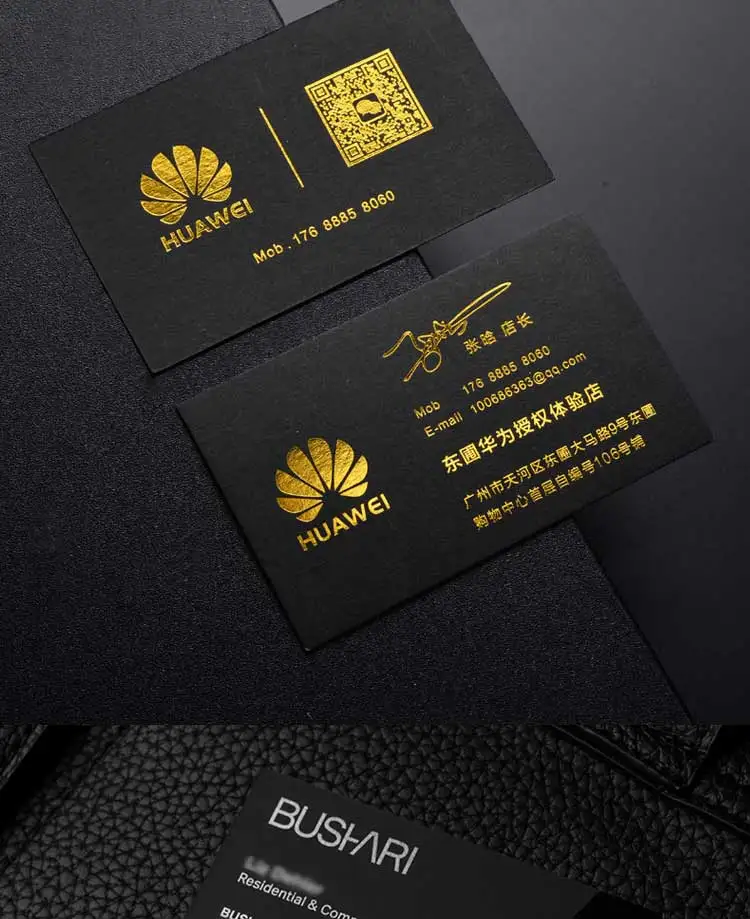 200/500pcs Logo na zamówienie wizytówki drukowane na 500gsm niepowlekany czarny papier folia na dwustronna etykieta z imieniem (matowe złoto)