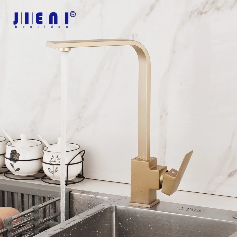 

JIENI Brushed Gold Kitchen Faucet Swivel & Pull Out Rotated Kitchen Sink Mixer Tap 2 Modes Spray Solid Brass Water Basin Faucet