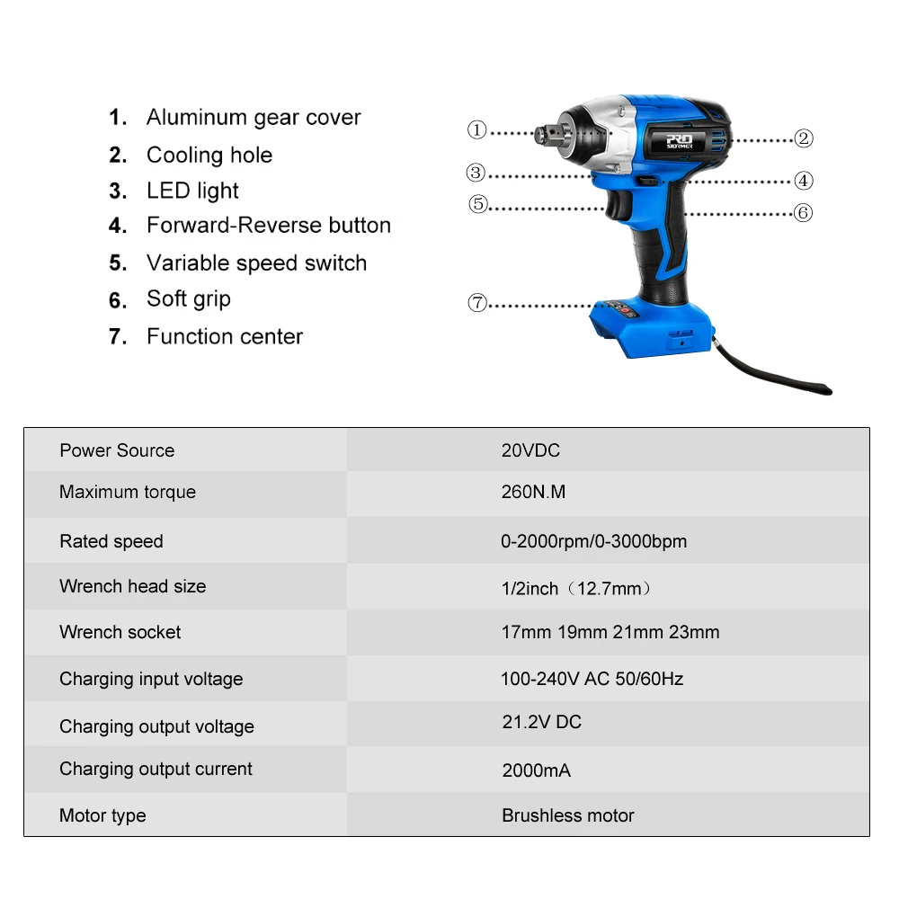 20V Brushless Electric Impact Wrench Cordless 300NM Max Torque Socket 1/2 inch Wrench Bare Tool Only By PROSTORMER