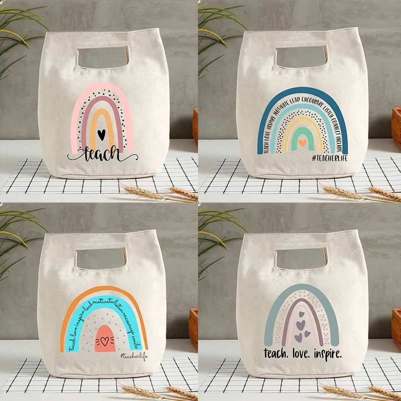 

Teach Love Rainbow Printed Cooler Lunch Bags Women Handbags Thermal Insulated Breakfast Box Portable Picnic Travel Teacher Gifts