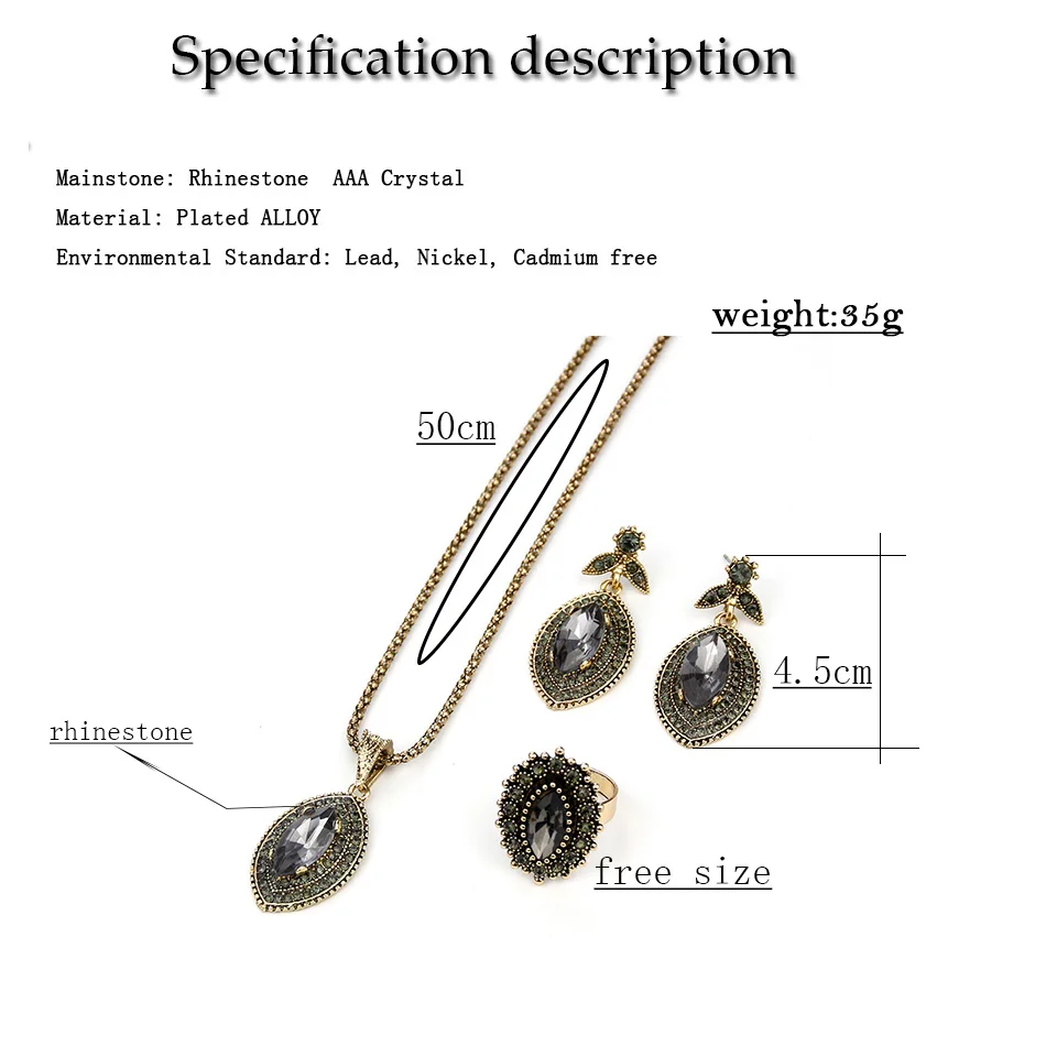 Sunspicems Fashion Bohemia Jewelry Sets Retro Vintage Gold Color Gray Crystal Earring Necklace Ring Indian Bride Wedding Bijoux