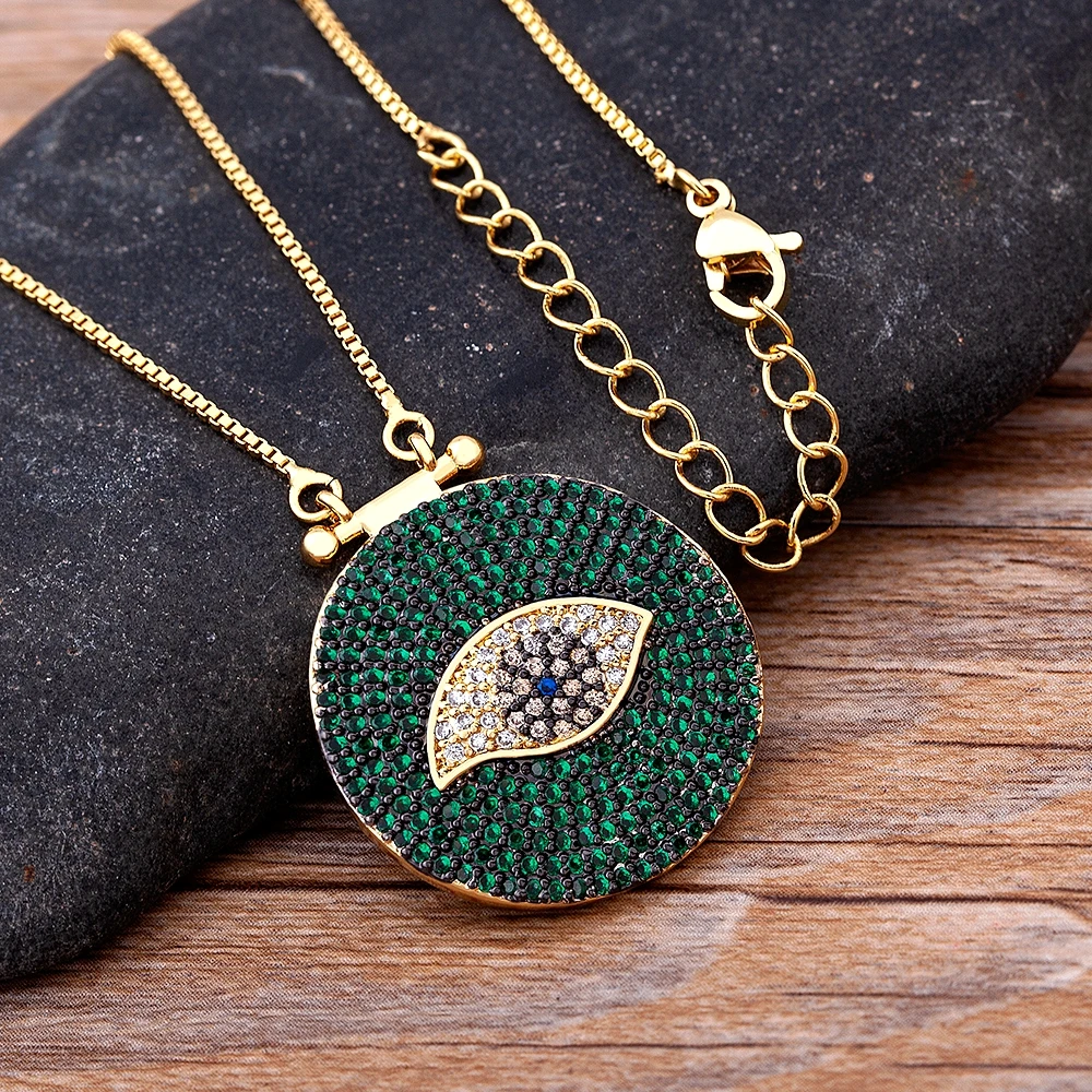 Classic Round Shape Cubic Zirconia Evil Eye Pendant Green/Purple Color Lucky Turkish CZ  Necklace Copper Link Chain Jewelry Gift