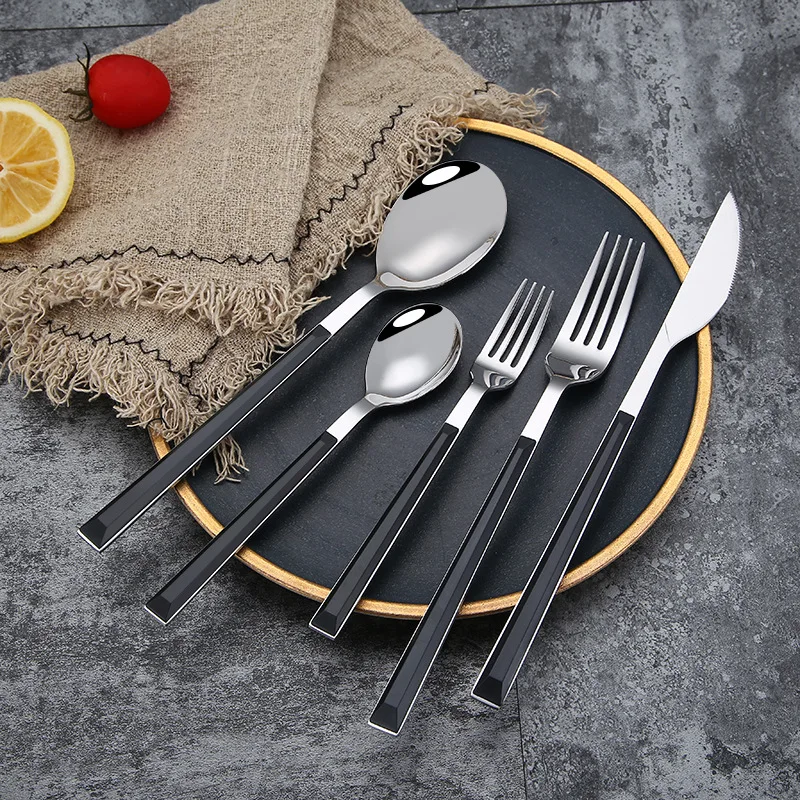 Stainless Steel Dinner Cutlery, Knives, Forks, Spoons, Black Wooden Texture Handle, Home Party Tableware, Steak Knife