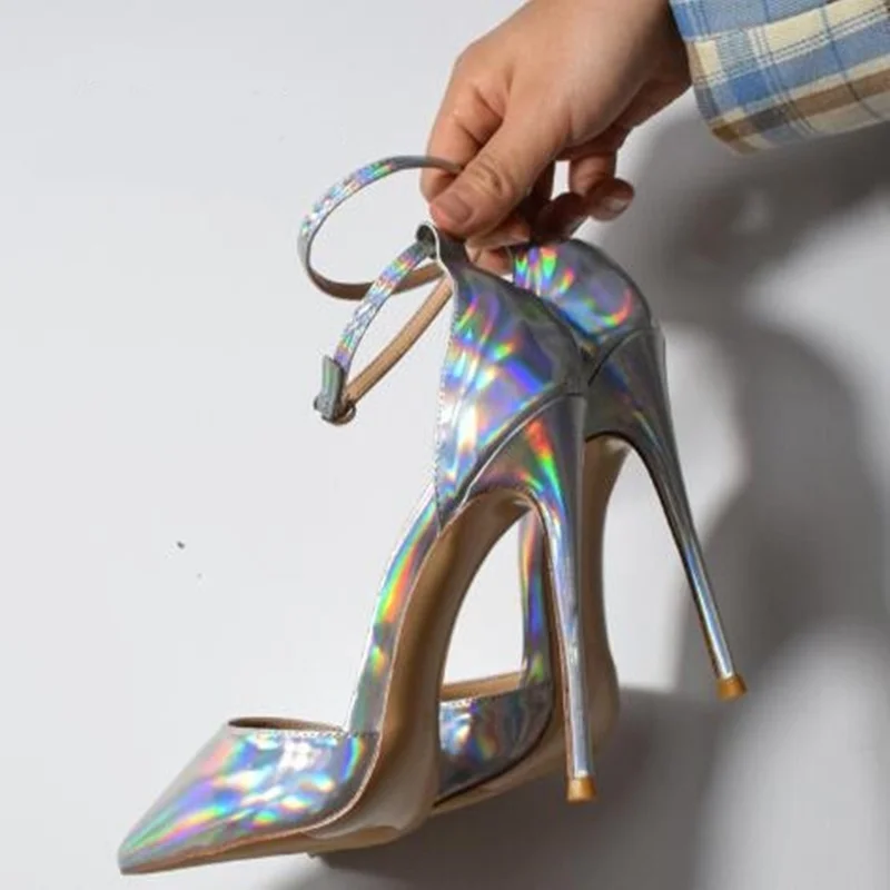 Red Hologram Iridescent Pumps Reflective Patent Leather Ankle Strap Wedding Shoes Shallow Stiletto Heels Shoes