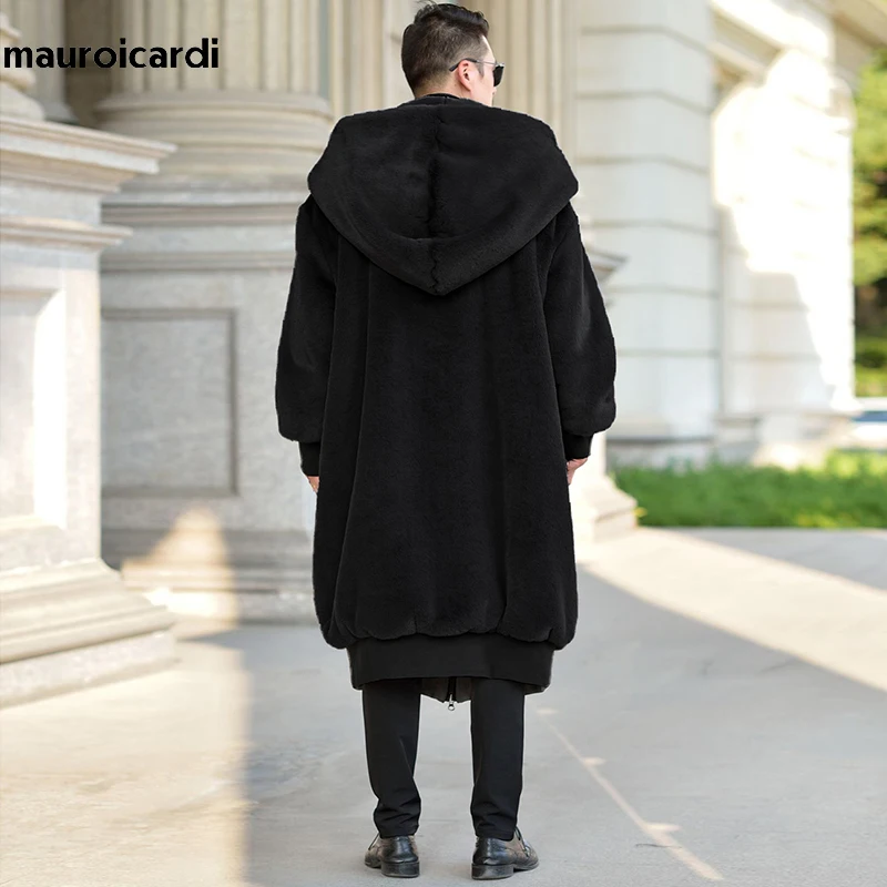 Mauroicardi Winter Black Oversized Long Warm Fluffy Faux Fur Coat Women with Hood Long Sleeve Zipper Loose Korean Fashion 2021