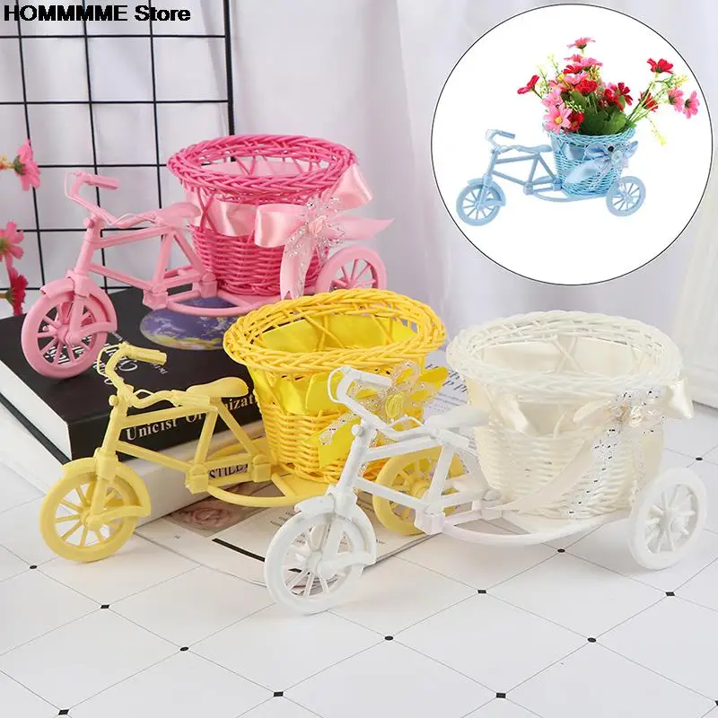 Handmade Flower Vase Rattan Bicycle Bike Flower Basket Flower Vase Pots Storage Container Gift Home Garden Wedding Decoration