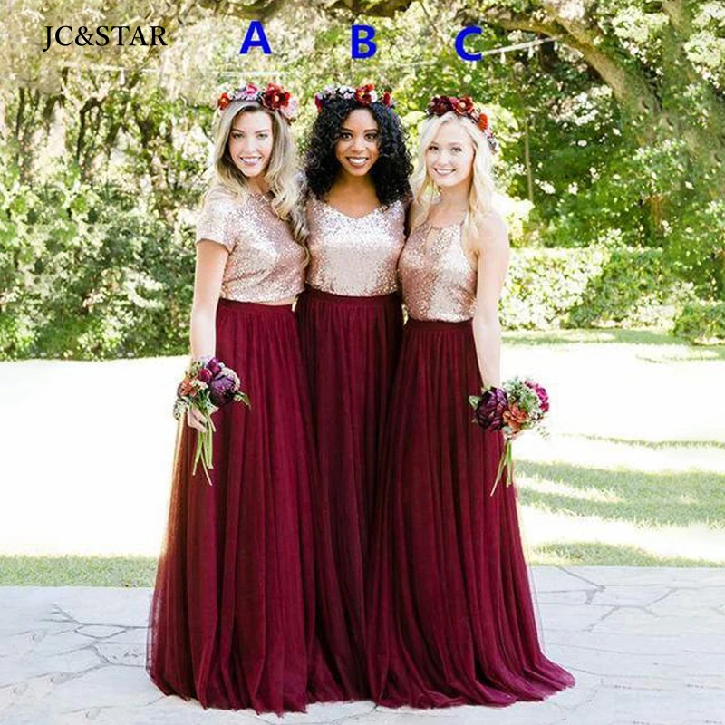 

Burgundy Bridesmaid Dresses Rose Gold Sequins Mix and Match Wedding Party Guest Gowns Junior Maid of Honor Dress Full Length