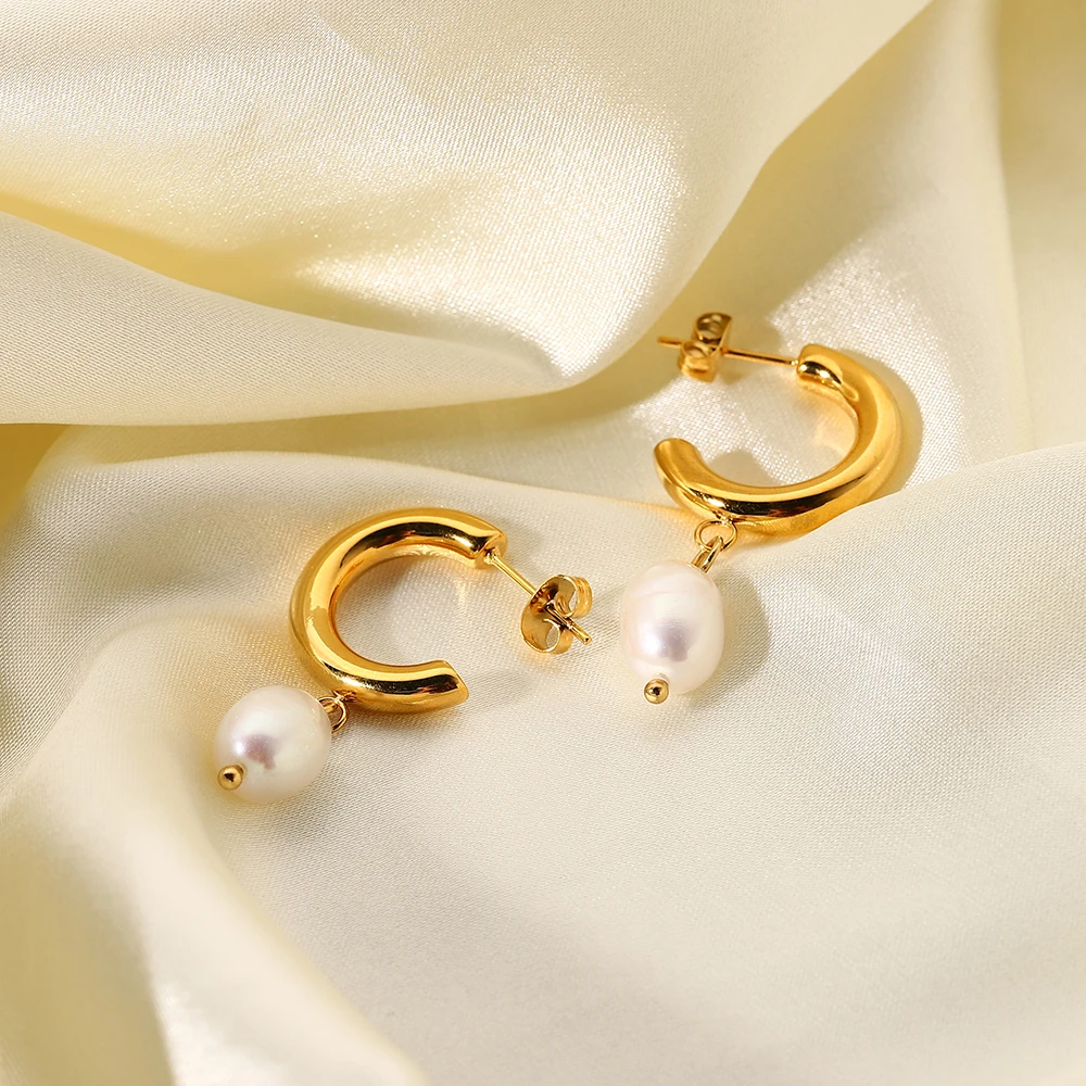 INS Trend Stainless Steel Freshwater Pearl Drop Hoop Earrings for Women 18K Gold Plated Daily Wear Earring Mujer Gift