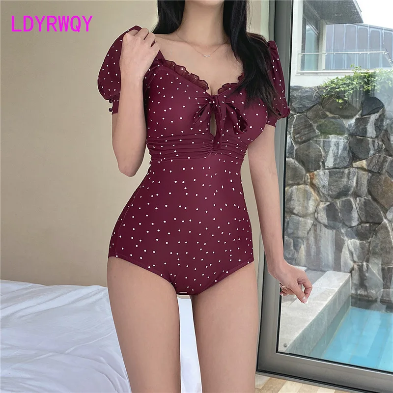 2021 new French style retro bubble sleeve sexy open back high waist conservative one piece swimsuit for women bikini