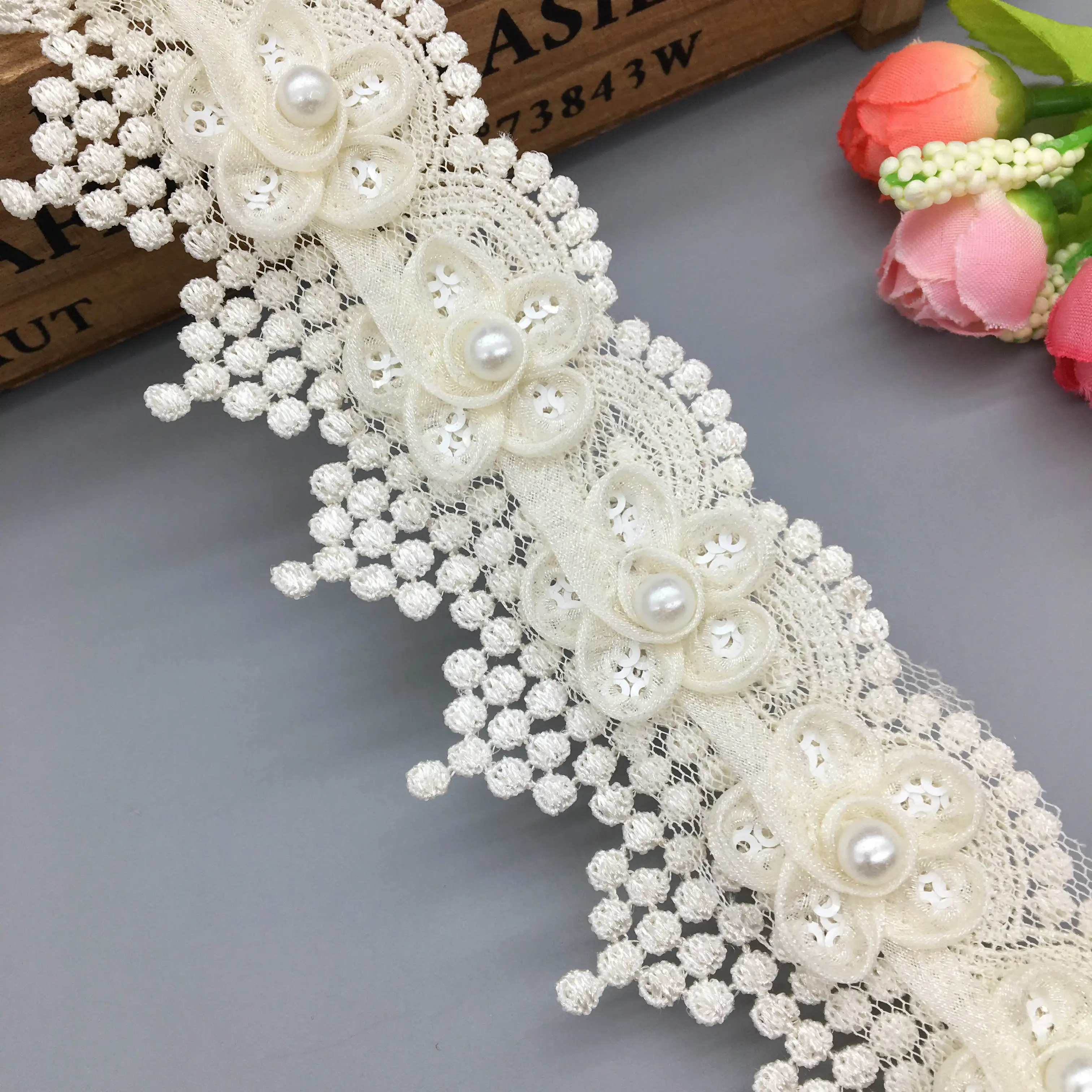 

1 Yard Apricot Sequin 3D Plum Flowers Pearl Beaded Lace Edge Trimmings Ribbons Lace Fabric Embroidered Sewing DIY Wedding Dress