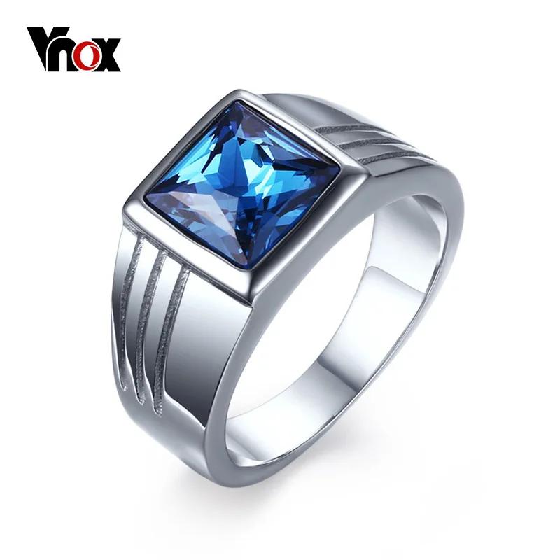 Vnox Blue CZ Zircon Engagement Band Ring for Men Silver Color Stainless Steel High Quality