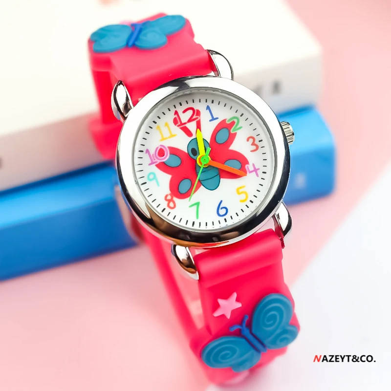 3DchildrenquartzwatchnewfashionlittleboysgirlscutecartoonanimalsbutterflydialsiliconestrapgiftclockkidsclockRelogio kol saati