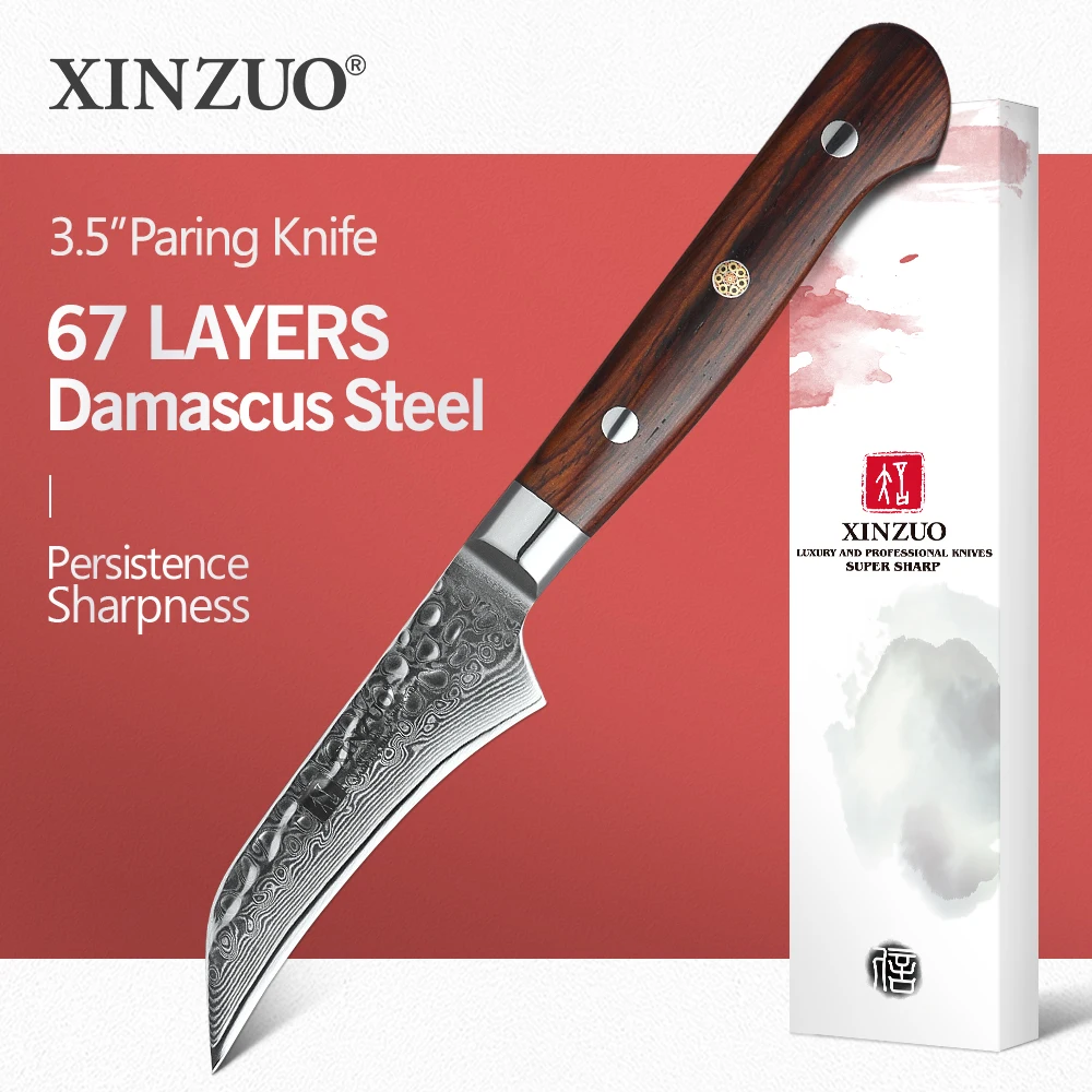 XINZUO 3.5 inch Fruit Knife Kitchen Steel 62 Hrc Damascus Steel Cooking Tools New Rose Wood Handle Kitchen Knife Super Sharp