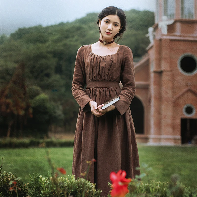 

Autumn Women Spring 100%Linen Coffee Ladies Victoria Royal Vintage Elegant Long Sleeve High Waist Dress robe longue