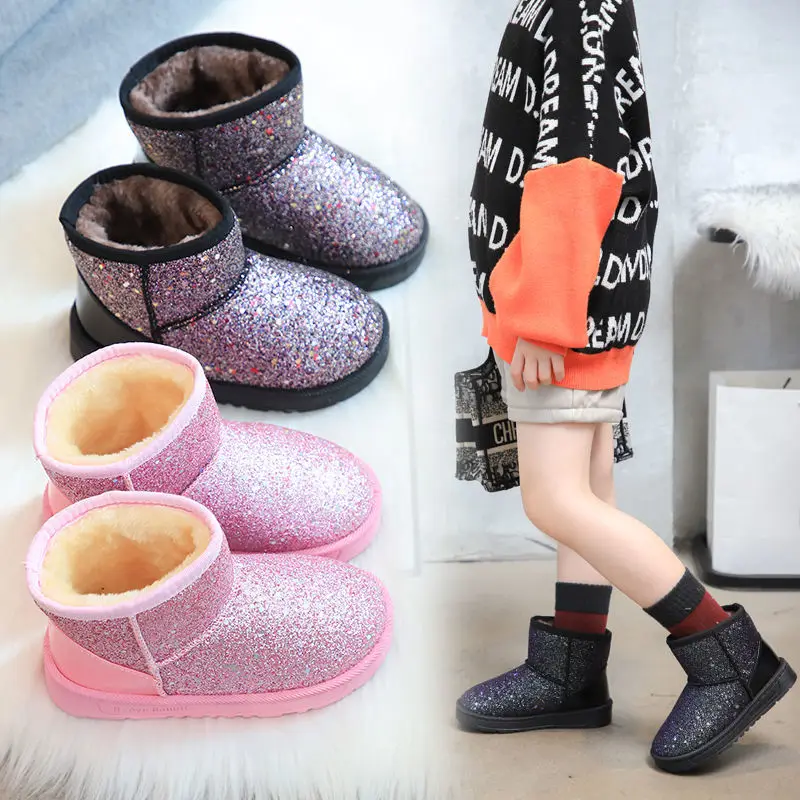 New Year Sequined Kids Cotton Shoes Winter Red Girls Snow Boots For Children Princess Plush Warm Boot Kids Christmas Shoes 3-13T