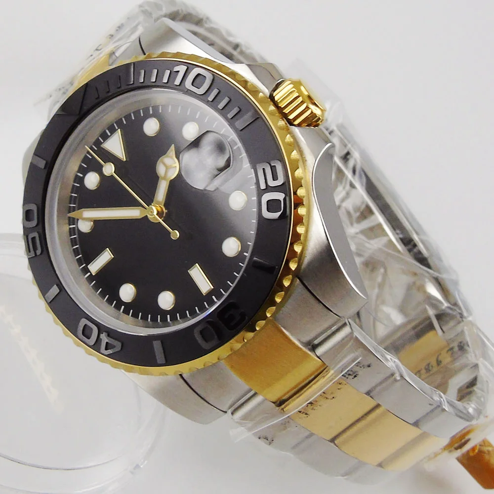 Gold Coated NH35 40mm Sterile Mechanical Men Watch Two Tone Bracelet Brushed Ceramic Bezel Insert 24 Jewels Screw Back