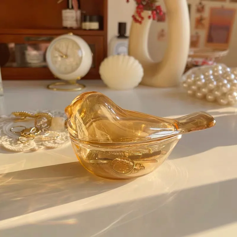 

Ins Amber Bird Jewelry Box Glass Necklace Ring Pearl Small Container Home Furnishing Tray