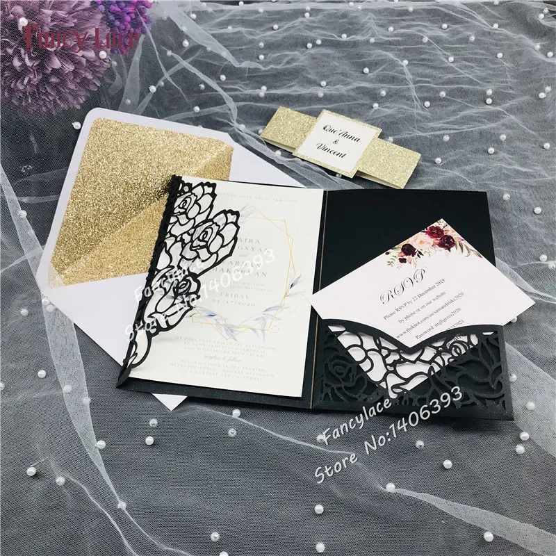 

50pcs New Laser Cut Rose Flowers Design New Wedding Invitations Cards with glitter envelopes customized text Wedding Party cards