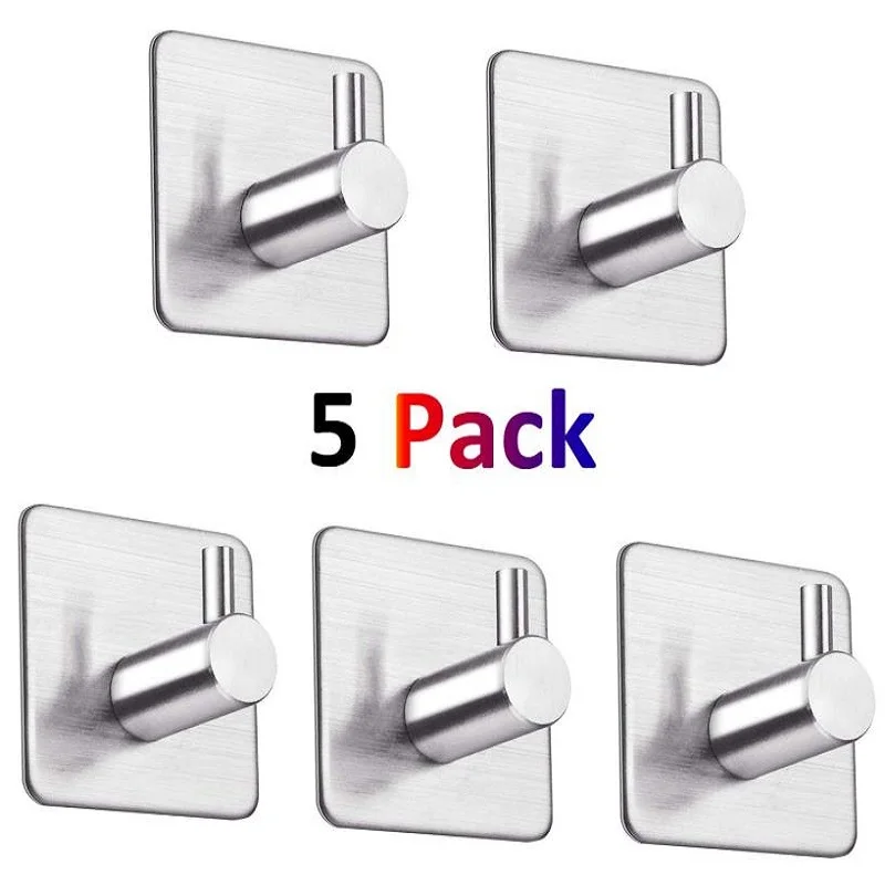 Bathroom hooks for kitchen Door Wall Hanger Wall Hooks Hanger Self Adhesive Robe Towel Hook 304 Stainless Steel genuine 5PCS