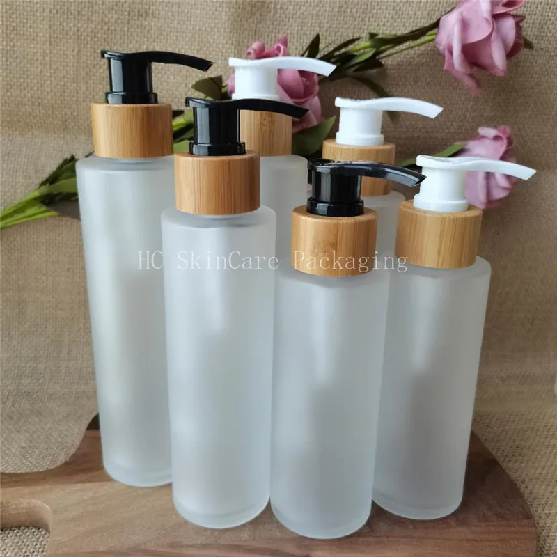 

88pcs/lot 100/120/150ML Empty Bamboo Matte Glass With Pump Lid Bottle Cosmetic Container Packaging Large Capasity Shampoo Bottle