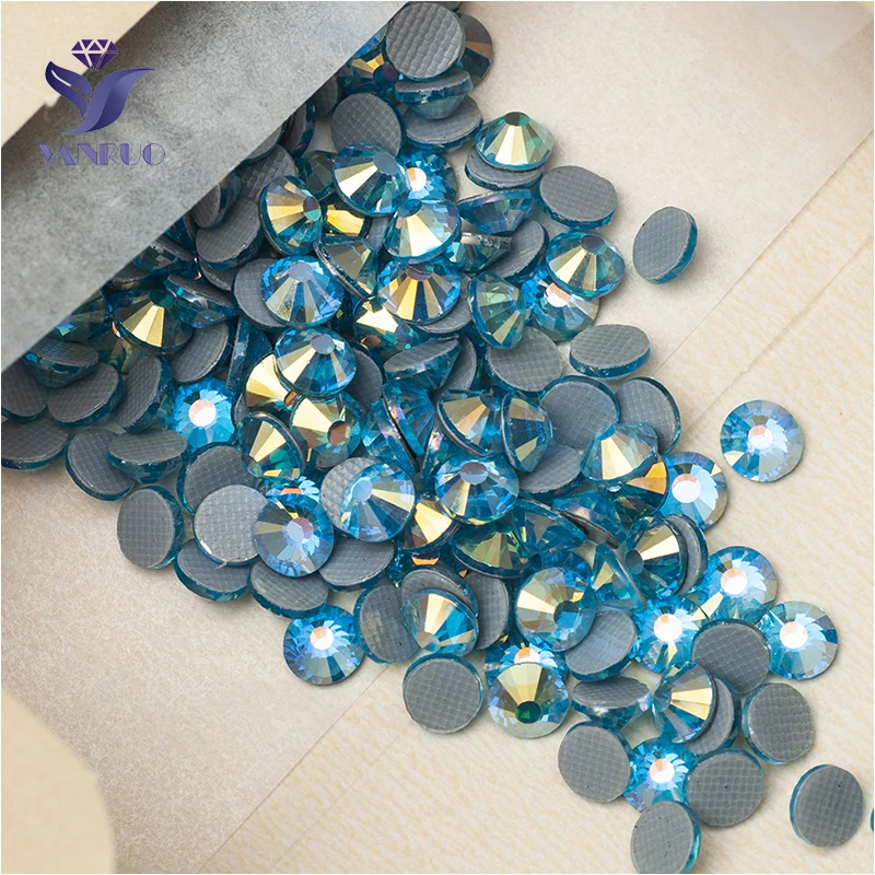 YANRUO 2058HF All Sizes Aquamarine AB Flat Back Strass Hot Fix Crystal Stone Iron On Hotfix Rhinestones For Dresses